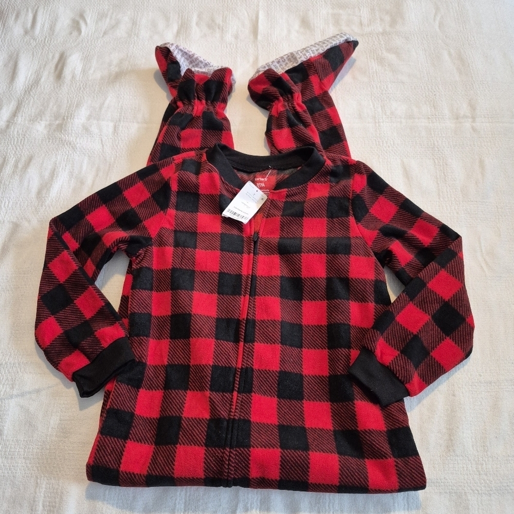 Carter's boys or girls size 7 buffalo plaid red & black fleece footie NEW